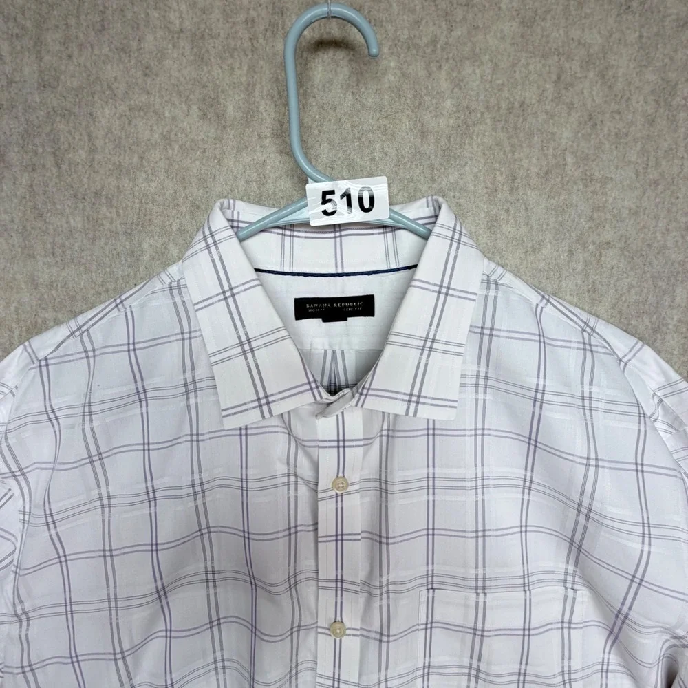 Banana Republic Button Down Mens XXL White Purple Plaid Non-Iron Shirt Classic